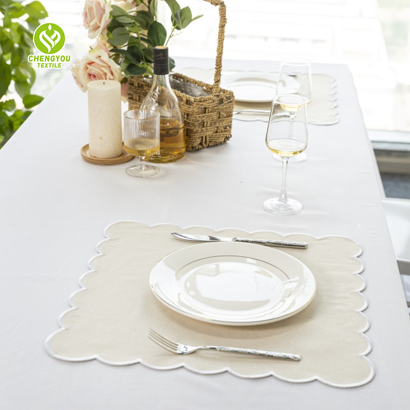 Light Blue Embroidered Cotton Linen Scalloped Placemats Towel Scallop Edge Cloth Napkins