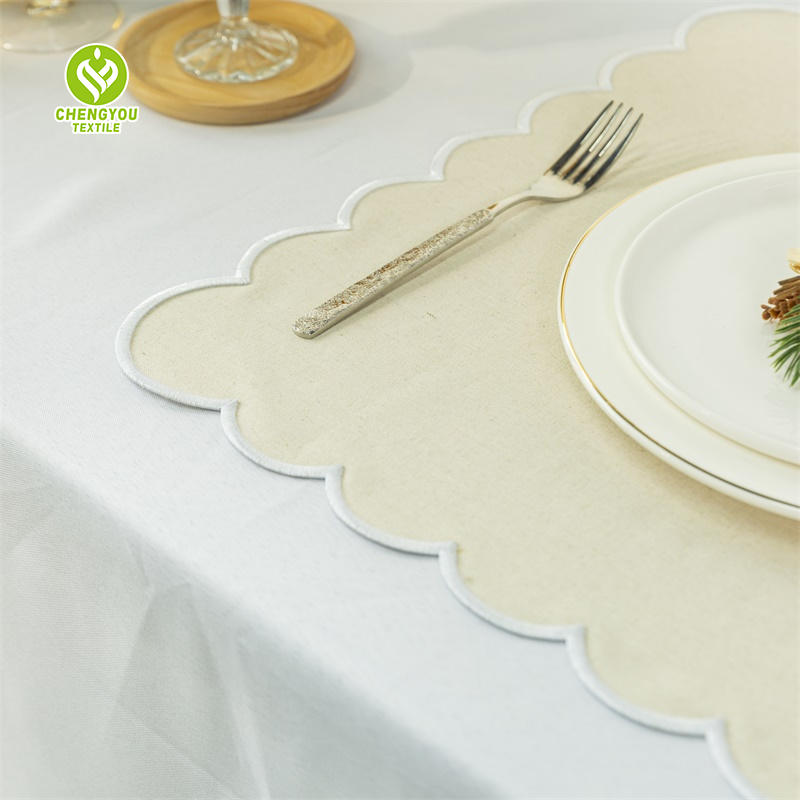 Light Blue Embroidered Cotton Linen Scalloped Placemats Towel Scallop Edge Cloth Napkins