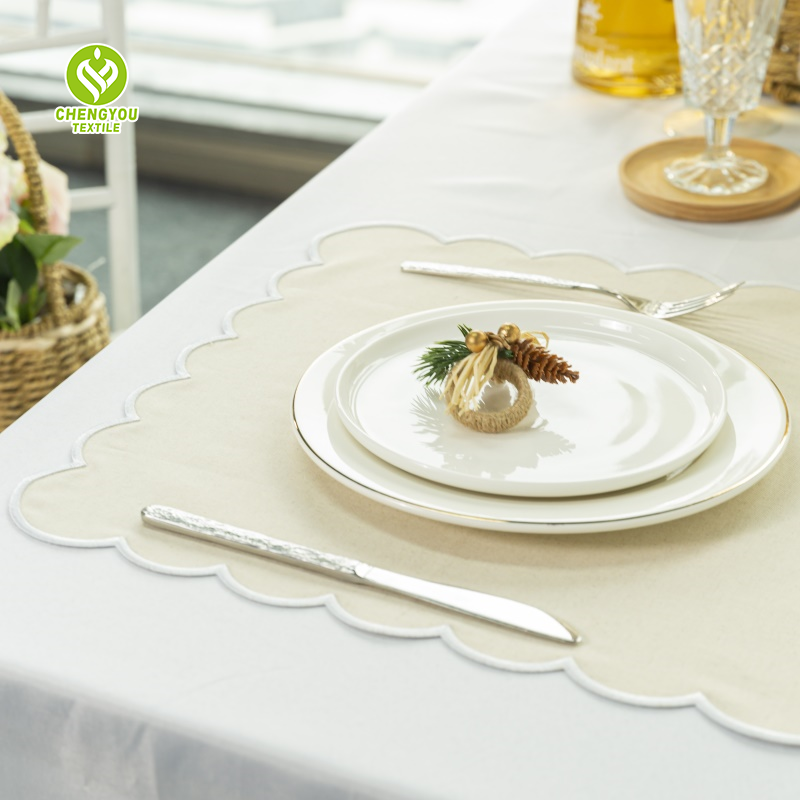 Light Blue Embroidered Cotton Linen Scalloped Placemats Towel Scallop Edge Cloth Napkins